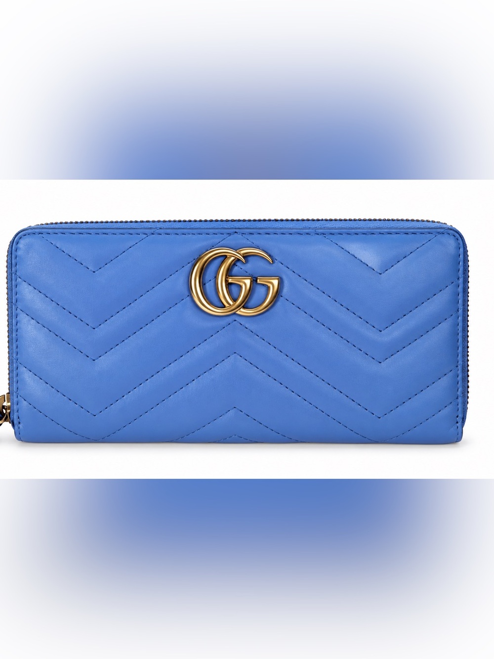 Gucci GG Marmont Zip Around Wallet Blue Leather Gold Hardware Includes Dustbag